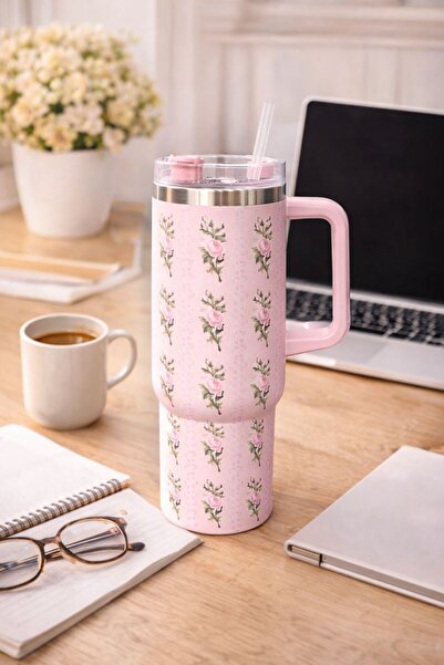 Evila Çiçek Desenli Çelik Termos Bardak – Pipetli, Kapaklı, Kulplu Sıcak Soğu...