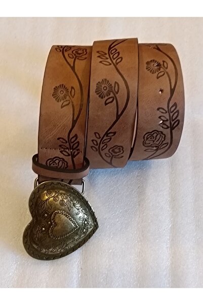 Butik Tülin Women's Faux Leather Beige Flower Printed Flowered Bronze Heart C...