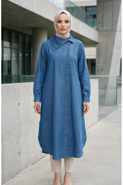 sefamerve Long Denim Tunic with Buttons 0312-01 Blue