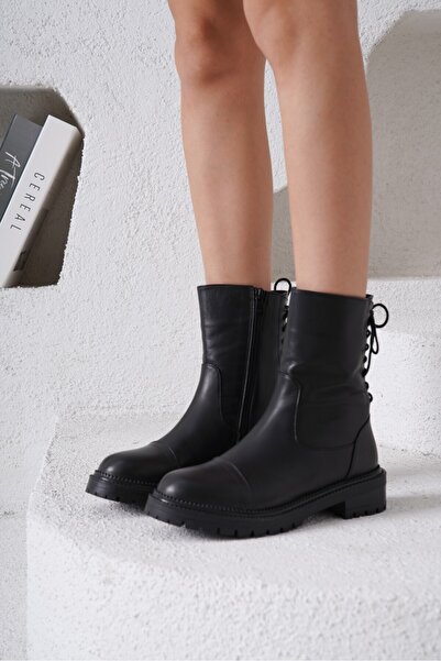 İNNA Hunet Arka Bağcıklı Hakiki Deri Kadın Bot - Siyah