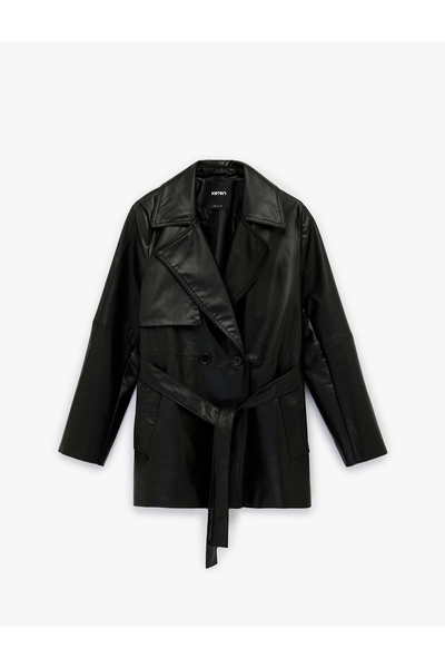 Koton Long Sleeve Faux Leather Trench Coat with Pocket Belt Detail