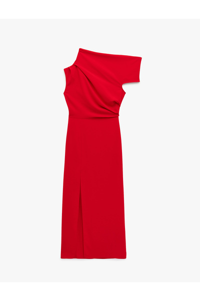 Koton Draped Midi Asymmetrical One Shoulder Dress with Crepe Fabric Slit Detail