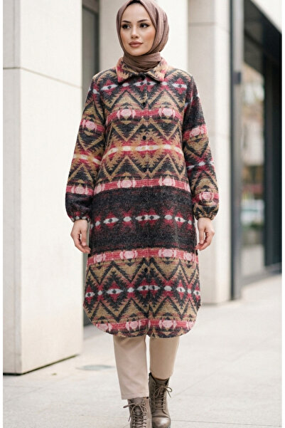 sefamerve Patterned Buttoned Lumberjack Winter Tunic 2502-01 Coral Ecru