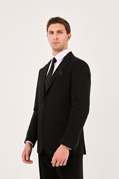 wodelli Men's Black Mono Collar Suit – Regular Wool Fabric
