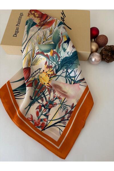 Ezgi Orange Colored Green Leaf Pattern Scarf 70X70 cm