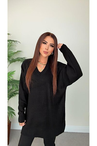 Great Fast Kadın Diga Kadın V Yaka Oversize Siyah Triko Kazak