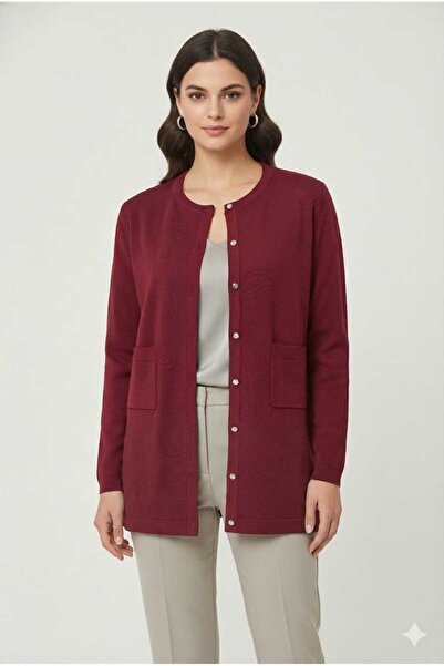 Uludağ Triko Жіночий бордовий шарф з візерунком, трикотажний кардиган з кишен...
