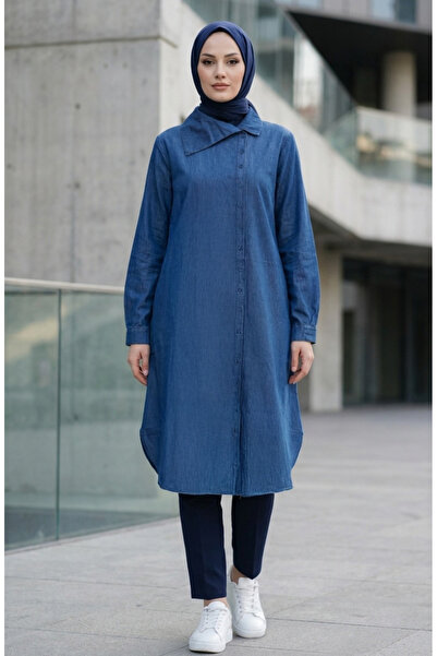 sefamerve Long Denim Tunic with Buttons 0312-02 Navy Blue