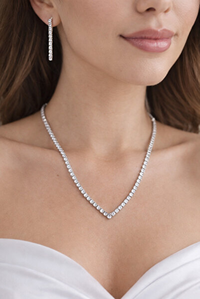 JANJANS Gümüş renk zirkon taşlı kadın kolye küpe seti