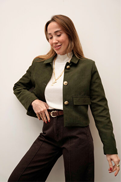 Maldia Shop Elan Gold Button Detailed Suede Khaki Jacket