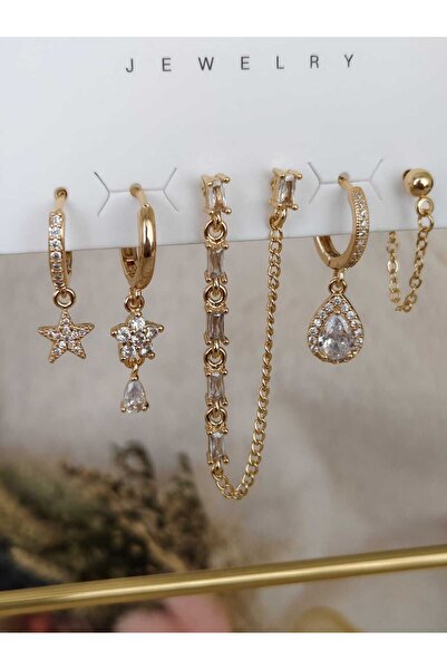 Tuel Çelik Gold Detaylı Sallantılı Çoklu Küpe