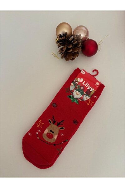 MODA Christmas Themed Deer Pattern Red Children's Socks 11-12 Years Old