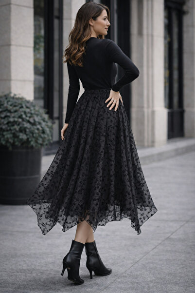 ayriss Asimetrik Kesim Tül Folk Desenli Şık Zarif Etek