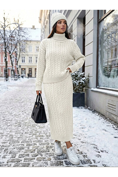 SAYZEN Braided Hair Turtleneck Sweater - Skirt 2-Piece Set