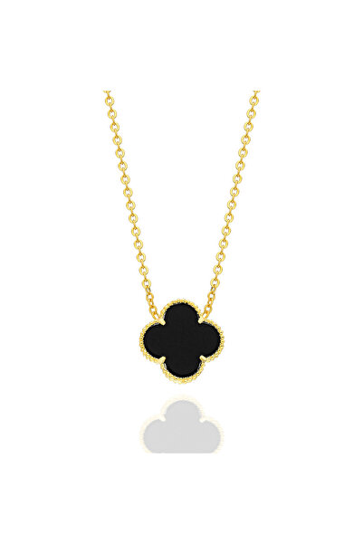 emy by emel luxury silver jewelry Altın Kaplama İthal Siyah Taşlı Yonca Kolye...