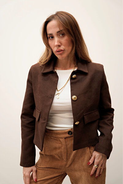 Maldia Shop Elan Gold Button Detailed Suede Brown Jacket