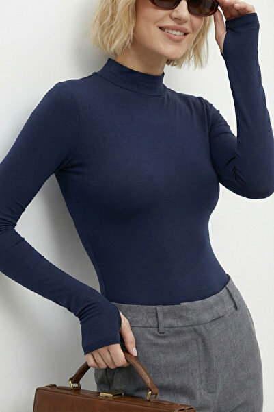 oshebu Women's Stand Collar Finger Insert Detail Bodysuit