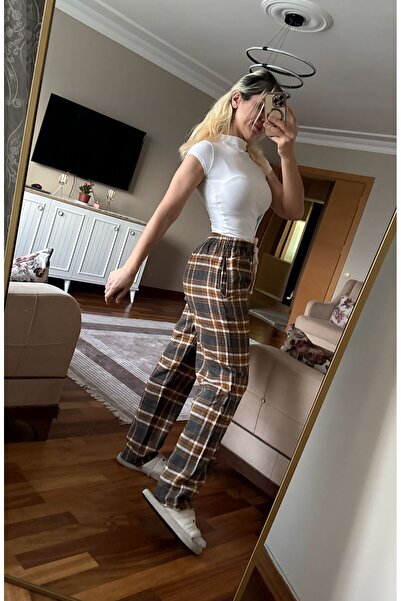 SERENCEE HARAJUKU KARE DESENLİ HARDAL-GIRİ-BEYAZ-KARELİ UNİSEX EŞOFMAN ALTI