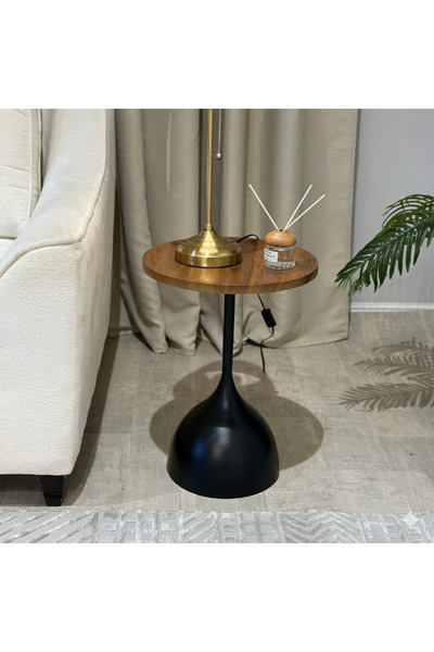 terndat Brown wood serving table with black base