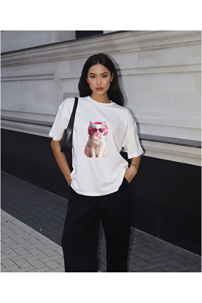 LORVEX Pink Accessory Cat Printed Oversized Unisex Cotton Tshirt - T-Shirt