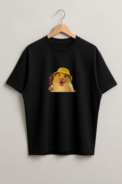 LORVEX Cute Hamster Printed Oversized Unisex Cotton Black Tshirt - T-Shirt