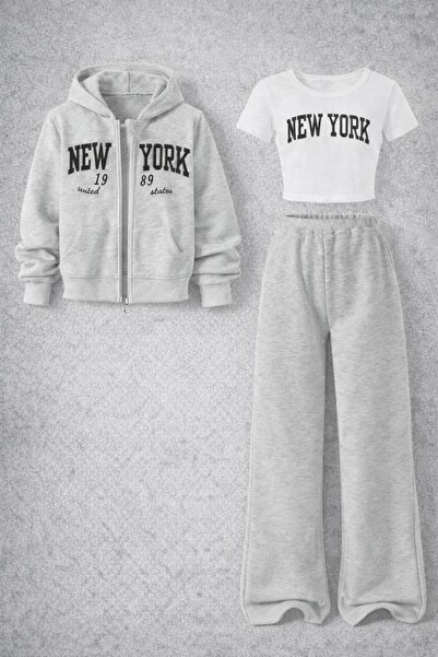 Kids Çocuk New York Baskılı Gri 3'Lü Alt Üst Takım