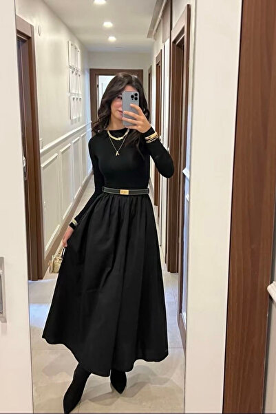 oshebu Black - Women's Elastic Waist Flared Skirt