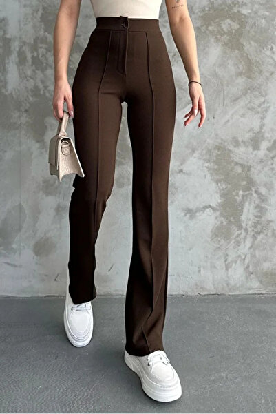 Velista Women's High Waist Front piped Stitched Flared t Shaping / Sculpting Classic Brown Trousers