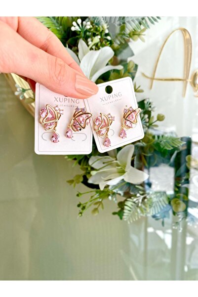 Lilyum Aksesuar Pembe Kristal Taşlı Kelebekli Anne Kız Kombini Özel Seri Çeli...