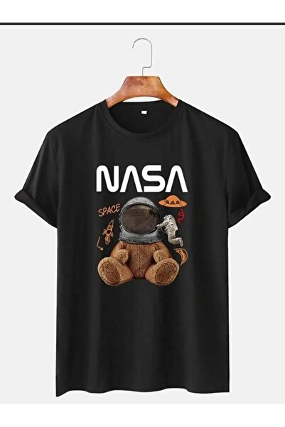 TİMİSİVA Unisex Oversized Nasa Printed Crew Neck Short Sleeve Black T-Shirt