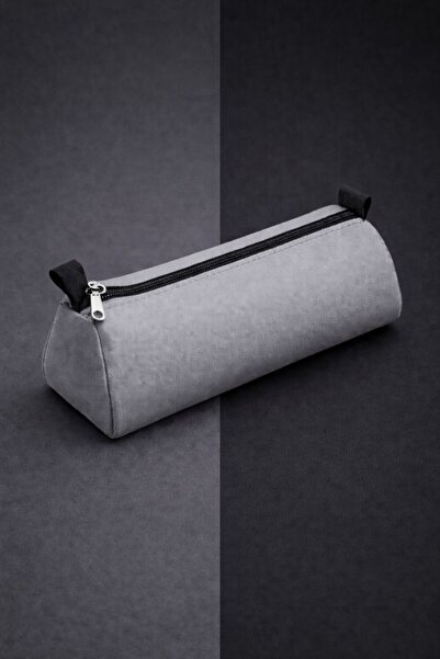 Bambus Tek Renk Gri Çok Amaçlı Kalem Kutusu Üçgen Kalemlik Tek Gözlü Fermuarlı