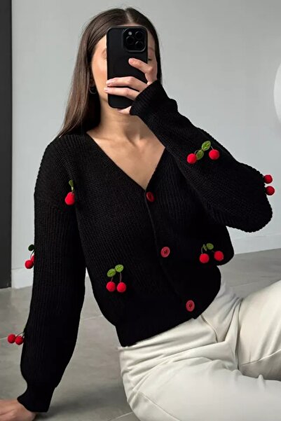 MODA BORSASI Autumn New Cherry Pattern Stylish Casual V-Neck Buttoned Sweater...