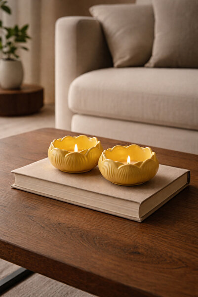 N&E Studio 2'li Lotus Mumluk Seti – El Yapımı Vernikli Taş Tozu Dekoratif Tea...