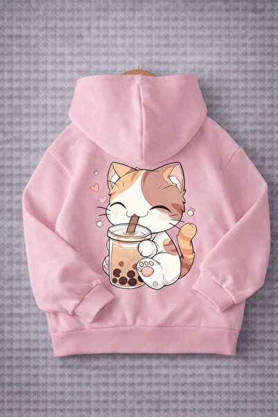 Kids Çocuk Sevimli Kedi Baskılı Pembe Kapüşonlu Sweatshirt
