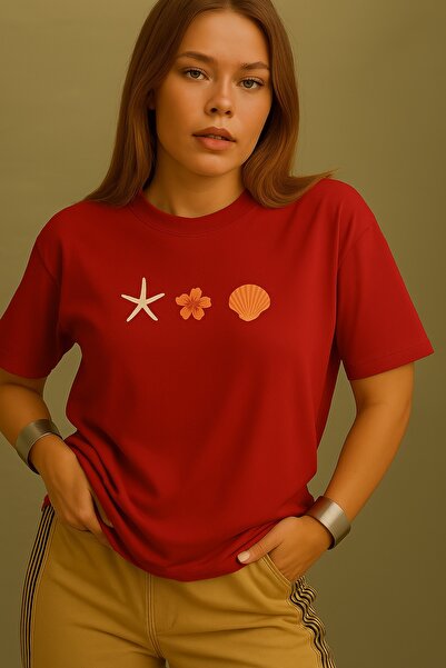 PALPİTO تي شيرت نسائي باللون الأحمر نجم البحر مطبوع قصة فضفاضة