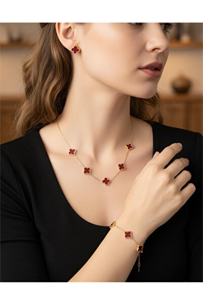 staınless steel Kadın Paslanmaz Çelik 4 Yapraklı Yonca Kolye, Küpe ve Bilekli...