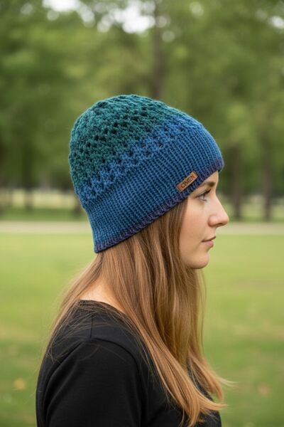 Çimen Butikk Hand Knitted Double Layer Blue-Green Beanie |   Unisex 32X39 cm