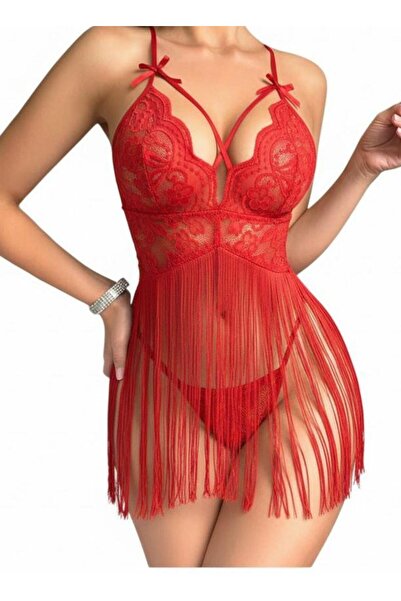 ZEYCEN Kadın Tüllü Dantel Detay Kırmızı Gecelik