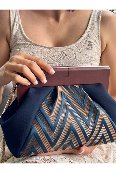 JOPHIEL ATELIER Patchwork, Chain-Strap Bag with Wooden Clasp, Clutch Bag, Hand Bag, Arm Bag, Shoulder Bag