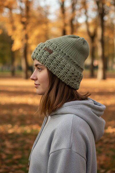 Çimen Butikk قبعة محبوكة يدويًا بطبقة مزدوجة باللون الكاكي |   للجنسين، 32×39 سم