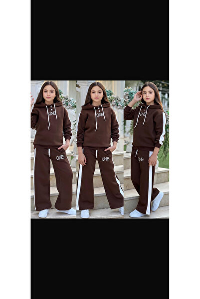 Butik Şardonlu ve kapşonlu kız pamuklu eşofman takım