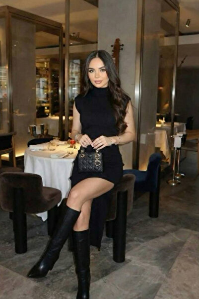 oshebu Negru- Rochie pentru femei din pernițe pentru umeri piese cu fantă