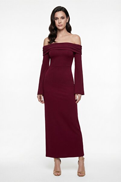 Lafaba Women's Burgundy Carmen Collar Stylish Evening Dress