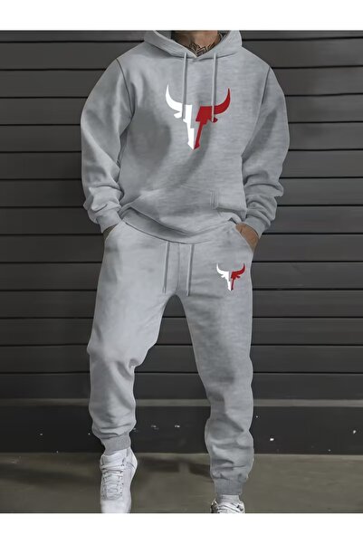 WOODROFFE Unisex Bull Horn με τύπωμα Κάτω επάνω Γκρι Μαύρο O oversized Σετ αθ...