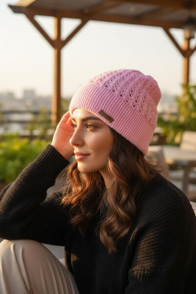 Çimen Butikk Hand Knitted Double Layered Pink Color Beanie |   32X39 cm