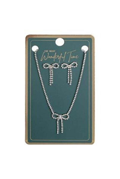 OEM Set Necklace & Earrings with Bow Design & Silver Rhinestones