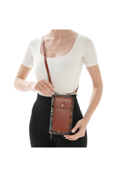 MissBag Kadın El Yapımı Etnik Desenli Telefon Bölmeli Lacivert Mini Çapraz As...