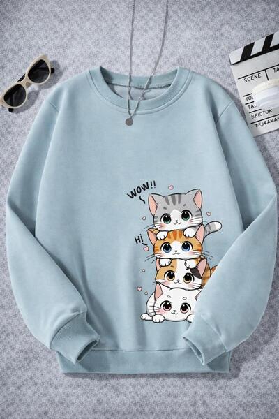 Kids Çocuk Sevimli Küçük Kedi Baskılı Sweatshirt