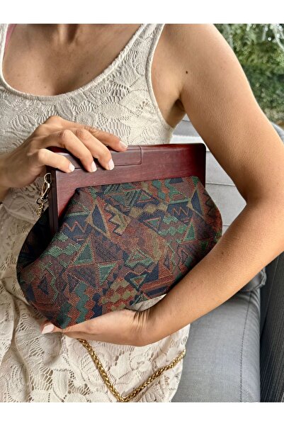 JOPHIEL ATELIER Penalope Collection - Chain, Wooden Handle Fabric Bag, Clutch, Handbag, Purse