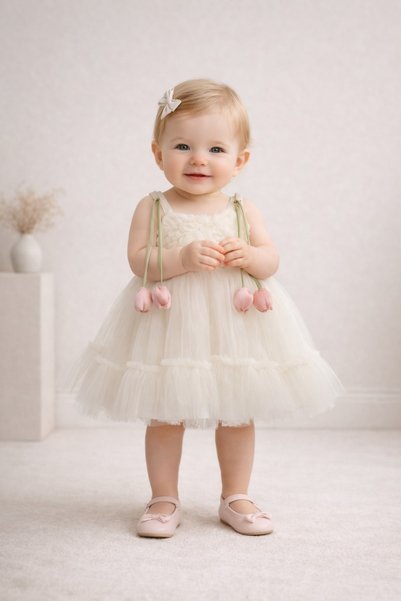SweetMe Baby girl dress, formal gown, tulle dress with 3D floral detail on the shoulders, party birthday dress.